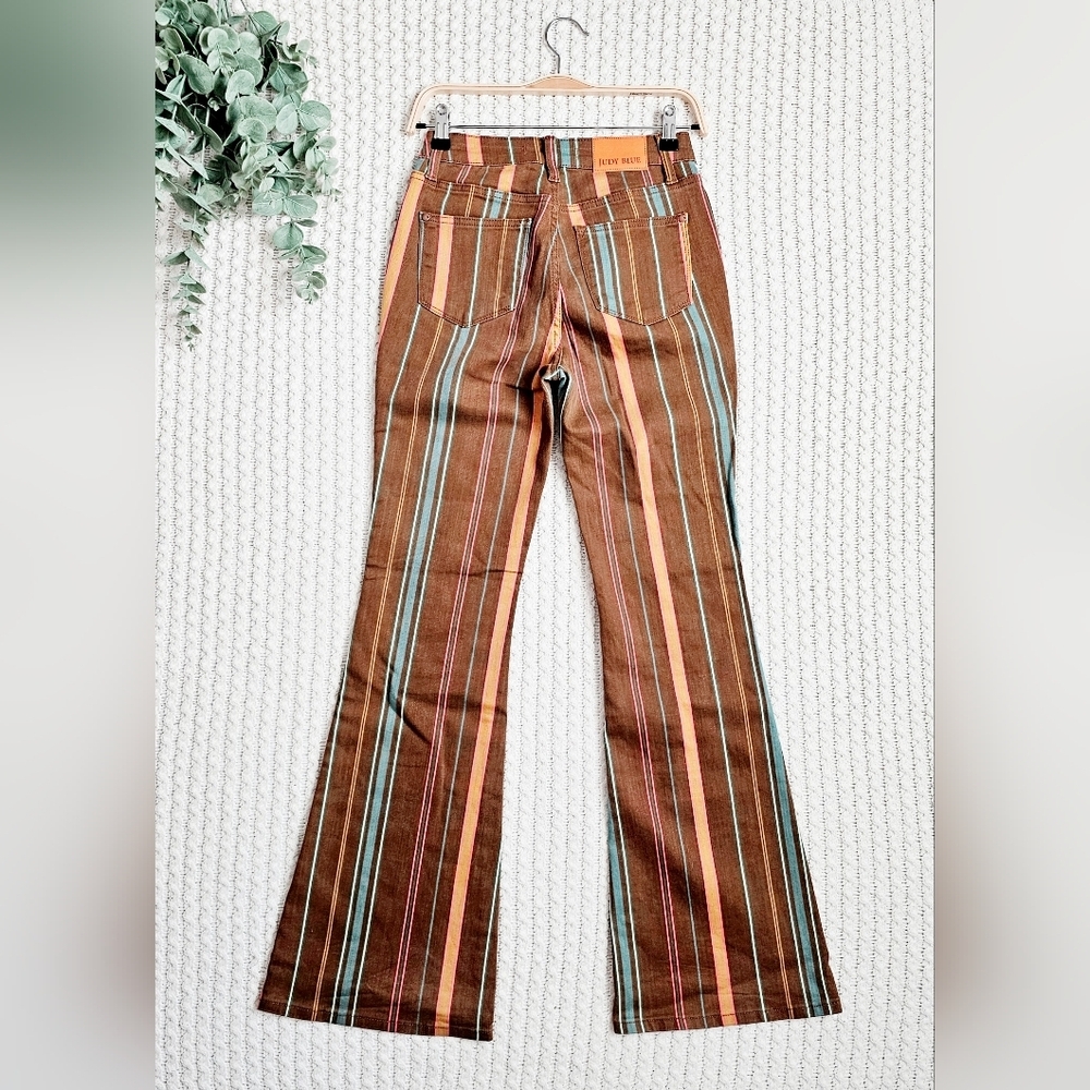 Judy Blue Mid Rise Classic Flare Jeans Retro Tan Blue Striped Stretch 1/25 - Picture 8 of 12